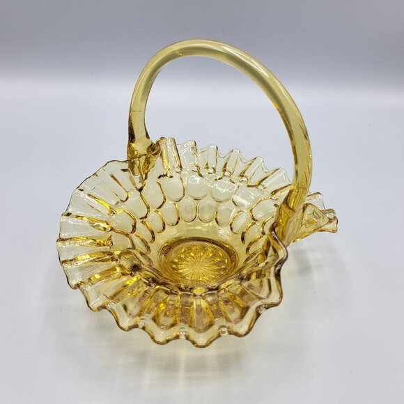 Vintage Candy Dish Amber Glass Basket Thumbprint Ruffled Edge - Picture 7 of 12